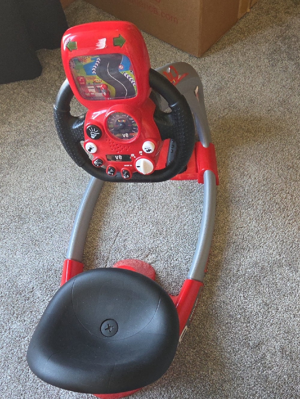 Red and Gray Toddler Ride-On Car with Steering Wheel Activity Panel